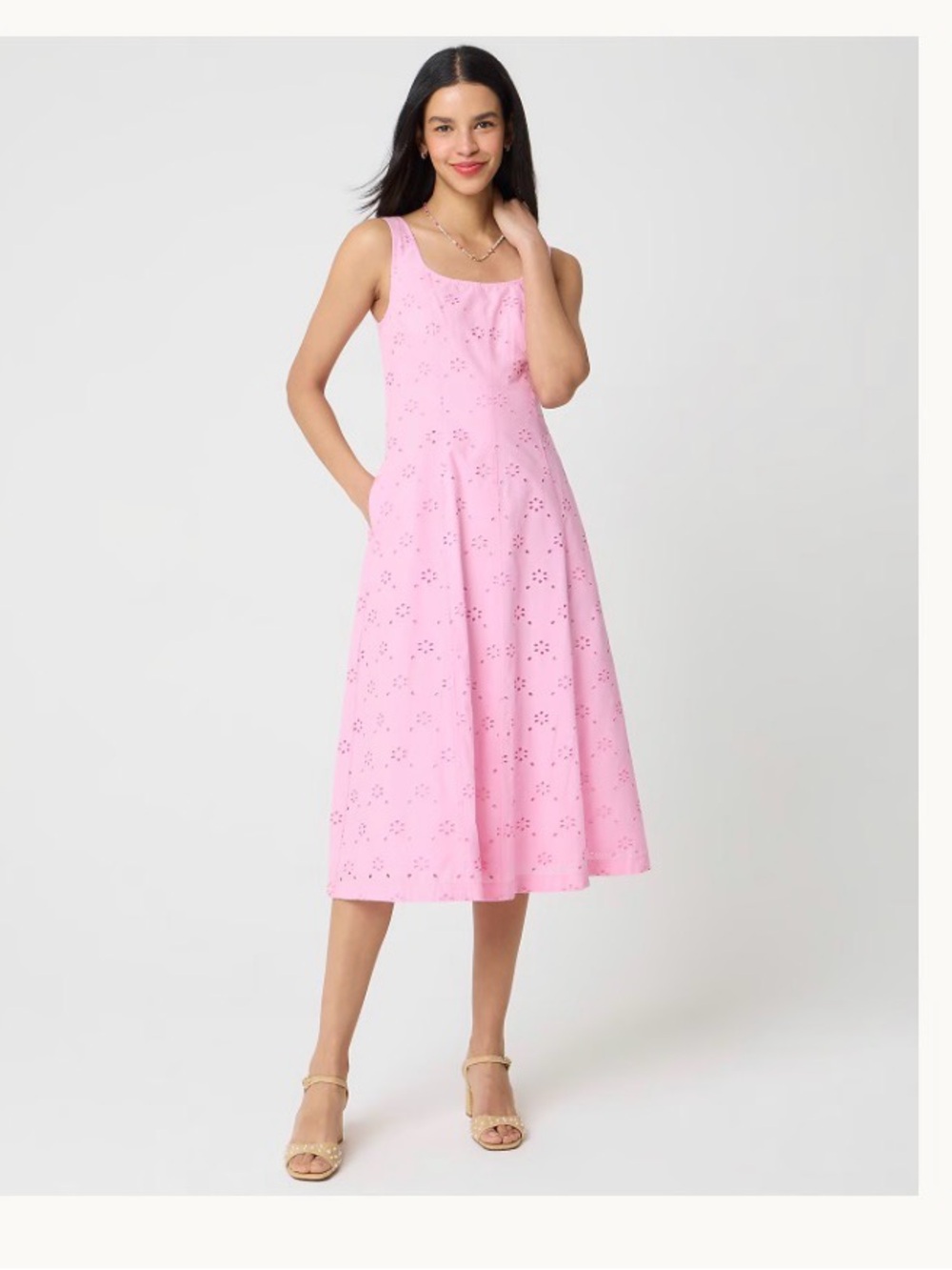 J. Crew Eyelet Embroidered Midi Cotton Dress in Pink Pockets $168 NEW Size- 8